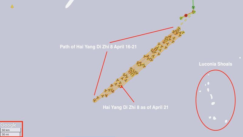 A graphical representation of the path of the Chinese survey ship Hai Yang Di Zhi 8 since it arrived off the coast of Malaysia April 16. 