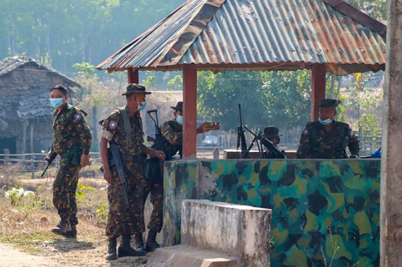 Myanmar junta soldiers man a security hut in Kawkareik district in eastern Myanmar's Kayin state, April 2021. Credit: Free Burma Rangers via AFP