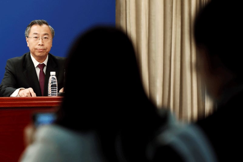 Liu Jingzhen, chairman of Sinopharm, attends a news conference on vaccines for the coronavirus disease in Beijing, China, Oct. 20, 2020. (Carlos Garcia Rawlins/Reuters)