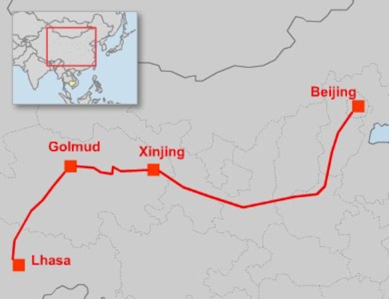 A map detailing the railway route between Beijing and Lhasa. Credit: RFA