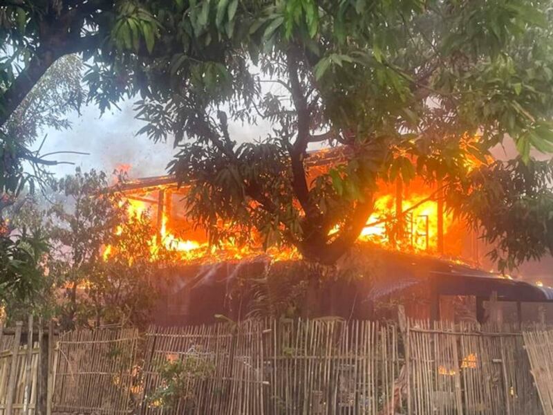 Houses burn following a naval attack from a nearby river by the military junta, in Dhamma Tha village, Kyaikmaraw township, in southern Myanmar's Mon state, March 27, 2024. (Mi Jandai Mon via Facebook)