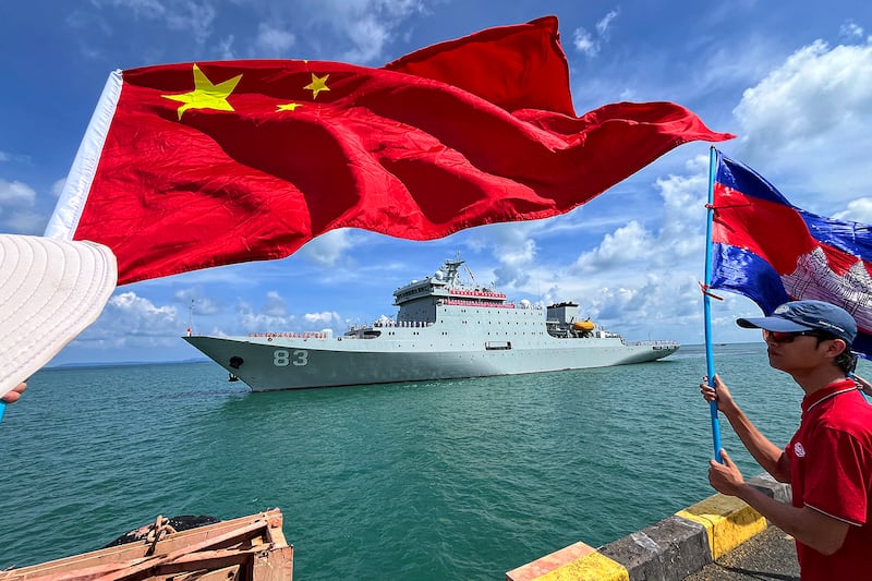 The Chinese military ship Qijiguang prepares to dock at the Sihanoukville port, Cambodia, May 19, 2024.