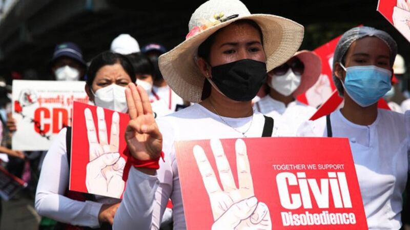 A Civil Disobedience Movement protest by education workers in Yangon, Feb. 19, 2021. Credit: RFA