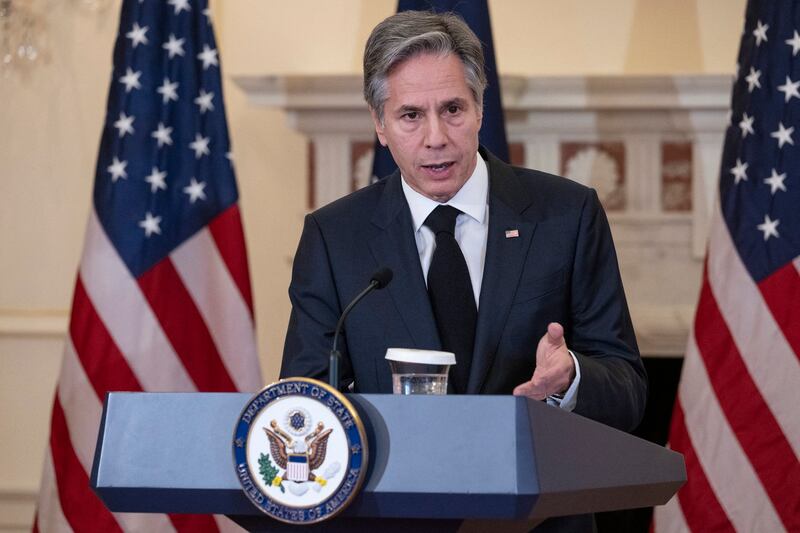 US Secretary of State Antony Blinken speaks during a press conference with NATO Secretary General Jens Stoltenberg in the Benjamin Franklin Room of the State Department in Washington, DC, Feb. 8, 2023. Credit: AFP