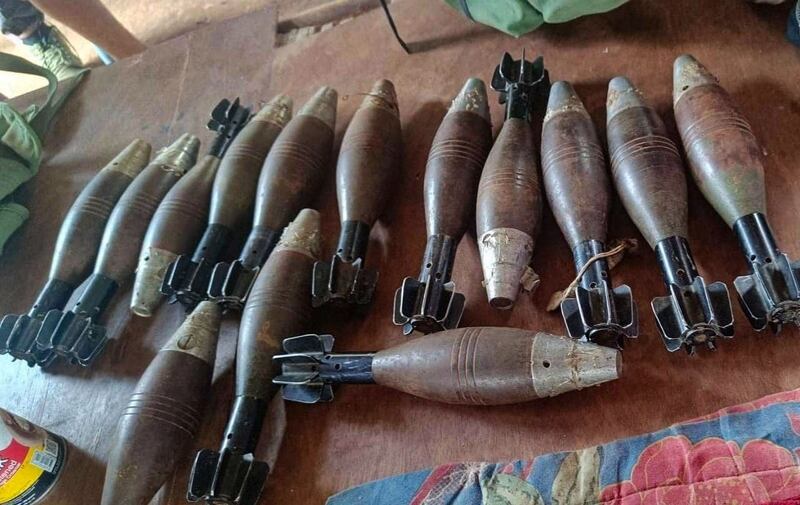 Anti-junta forces display the munitions they say they used on a Chinese oil and gas pipeline in Natogyi, Mandalay region, May 7, 2023. Credit: Natogyi Guerrilla Force