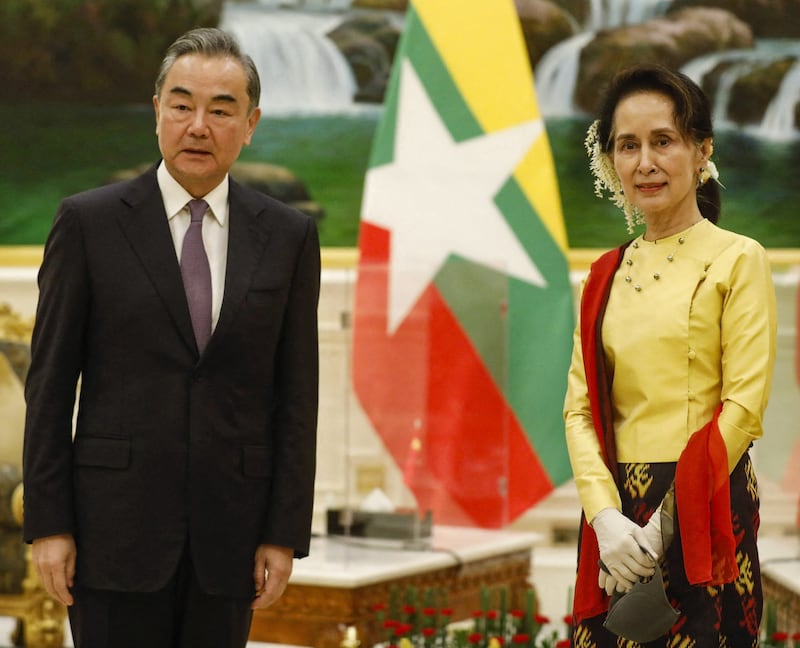 Myanmar's State Counsellor Aung San Suu Kyi meets with China's Foreign Minister Wang Yi in Naypyidaw, Jan. 11, 2021. Credit: Thar Byaw/Myanmar State Counsellor Office/AFP