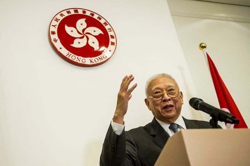 Former Hong Kong Chief Executive Tung Chee-hwa speaks during a press conference in Hong Kong on Sept. 3, 2014. (Xaume Olleros/Pool via AFP)