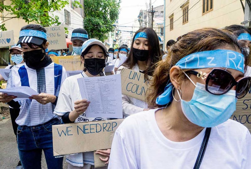 Protesters call on the United Nations to invoke its “Responsibility to Protect” commitment for the people of Myanmar. (AFP)