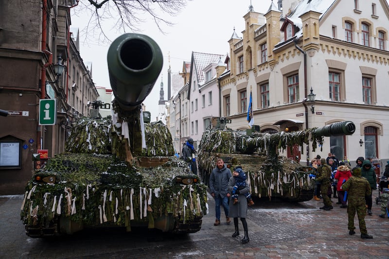 Estonian army's South Korean made Thunder K9 howitzers are parked in the old town ahead of a military parade during celebrations of the 105th anniversary of the Republic of Estonia, in Tallinn, Estonia, Friday, Feb. 24, 2023. (AP Photo/Pavel Golovkin)