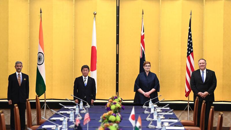 资料图片：2020年10月6日，美澳日印四国外长在东京举行四方会谈。（美联社）