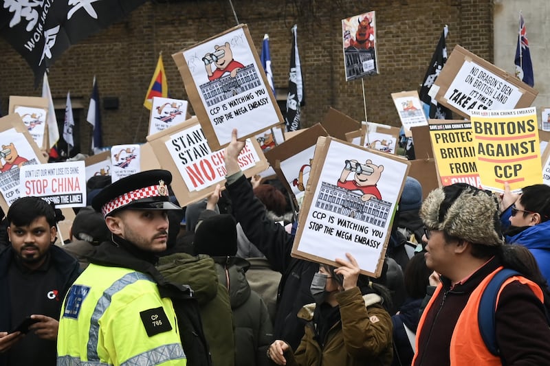 Demonstrators protest at the proposed site of the Chinese “mega-embassy” in London, Feb. 8, 2025.