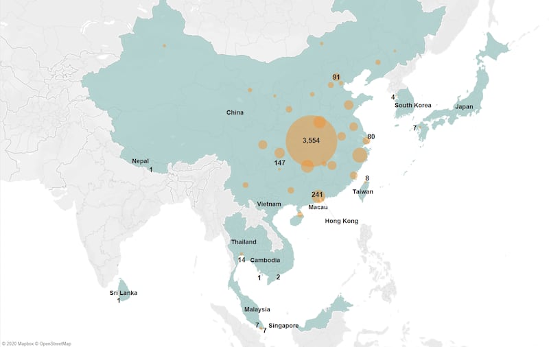 A map showing the latest confirmed cases of the novel coronavirus (nCoV) in Asia. 