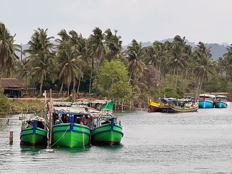 Fishing boats anchored near Gwa township, Myanmar’s Rakhine state, May 11, 2023.