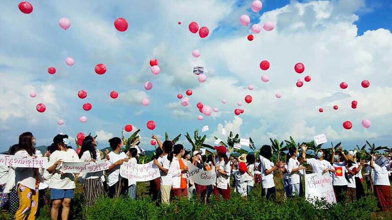 Protesters release balloons during a demonstration in Dawei. (AFP/Dawei Watch)