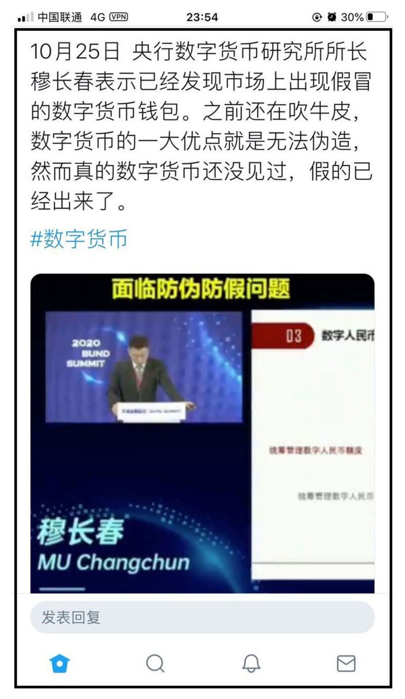 网民评论央行数字货币研究所所长所言。（手机截图/乔龙提供）