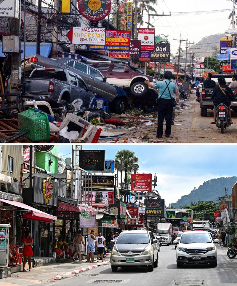 Top: The Indian Ocean Tsunami left vehicles stacked on top of each other on Patong Street in Phuket, Thailand, Dec. 28, 2004. Below: The same street on Nov. 18, 2024.