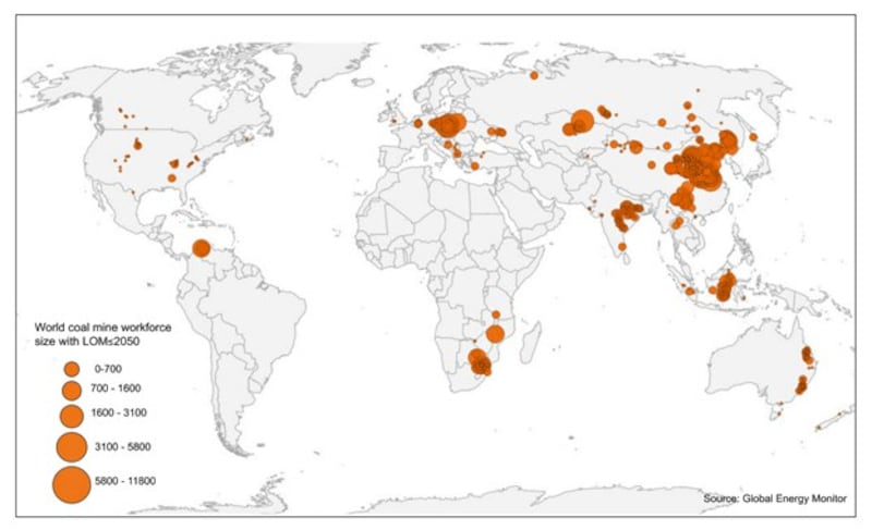 This infographic shows where potential coal mining job layoffs are by 2050. Credit: Global Energy Monitor