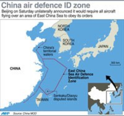 Bản đồ vùng nhận dạng phòng không của Trung Quốc tại biển Hoa Đông và khả năng một vùng nhận dạng phòng không trên biển Đông. AFP