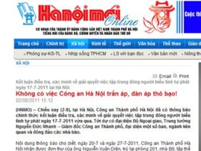 Báo Hanoimoi ngày 02 tháng 8, 2011 đăng tin về sự việc anh Nguyễn chí Đức. RFA Screen cap