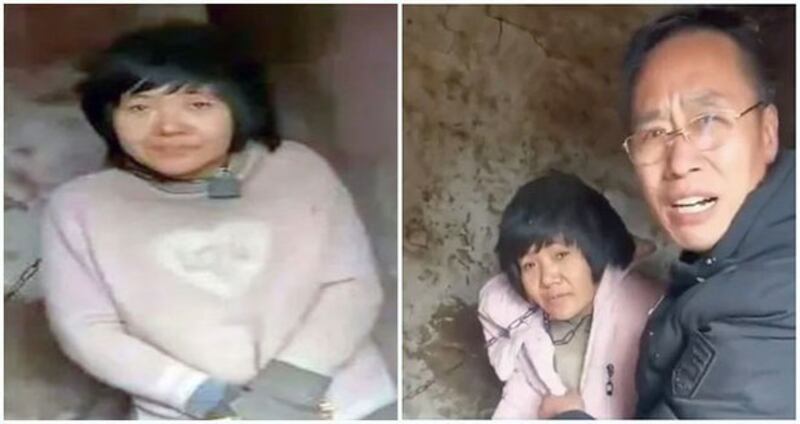 中国一名妇女杨某侠，年轻时遭人贩子拐卖到丰县，并遭铁链常年锁住脖子，无行动自由。(视频截图)