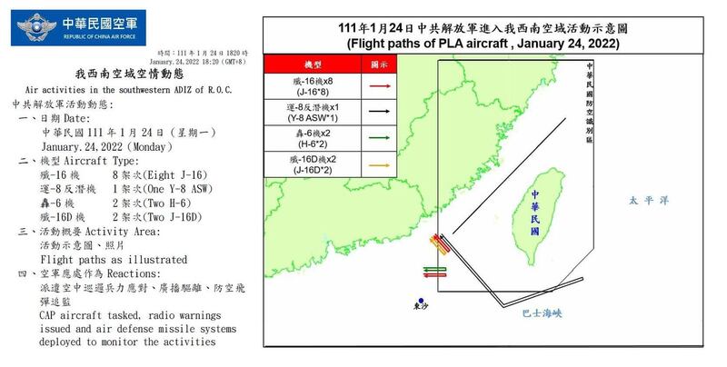 台湾国防部公布24日大批中共军机进入台湾航识区 。（推特图片/台湾国防部）