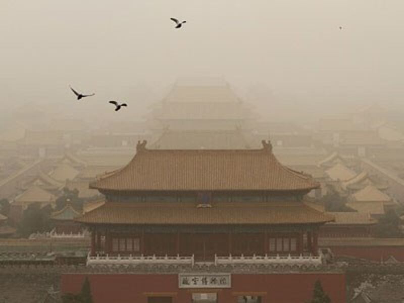 A sandstorm creates yellow smog in China's capital, May 4, 2017.