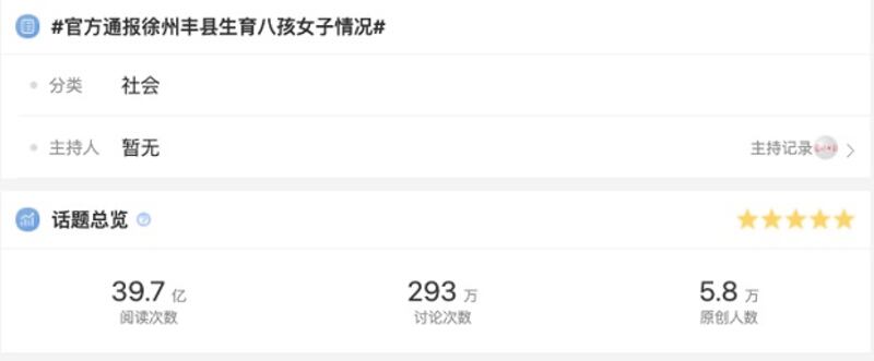 據「微博話題」數據，截至北京時間周四（17日）深夜，「#官方通報徐州豐縣生育八孩女子情況#」的閱讀次數則高達39.7億，討論次數亦衝至293萬。（網絡截圖）