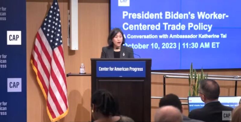 美国贸易代表戴琪（Katherine Tai）本周二在华盛顿智库美国进步中心（Center for American Progress）座谈，主题围绕拜登政府以劳工为中心的贸易政策。（视频截图/华盛顿智库美国进步中心官网 ）