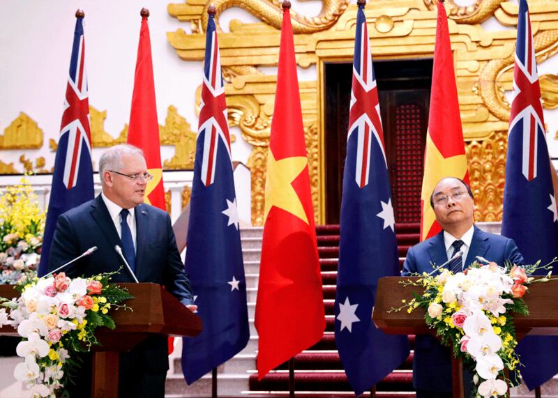 Thủ tướng Australia Scott Morrison và Thủ tướng Nguyễn Xuân Phúc họp báo ở Hà Nội hôm 22/8/2019