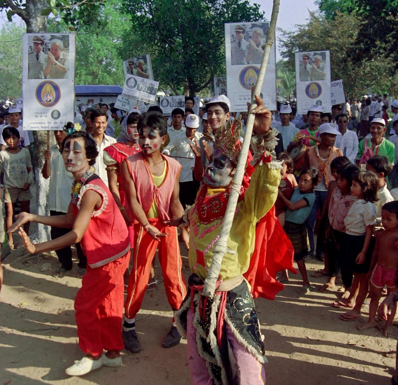 Cambodian dancers perform before the start of the election rally of the royalist Funcinpec party in Takhmao in 1993. Credit: AFP