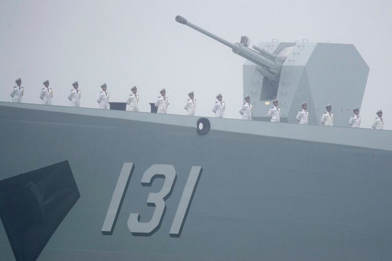 A file photo showing sailors stand on deck of the guided-missile destroyer Taiyuan of the Chinese People's Liberation Army Navy as during commemorations of the 70th anniversary of the founding of the navy near Qingdao in eastern China's Shandong province, April 23, 2019. Credit: AP