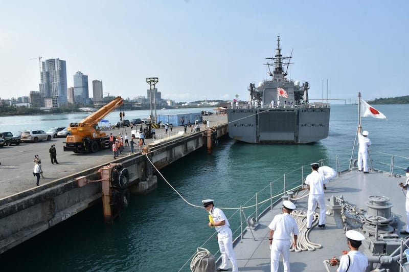 The Japan Maritime Self-Defense Force making a port call at Sihanoukville, Cambodia on March 15, 2022. They were welcomed by Defense Minister Tea Banh. Credit: JMSDF