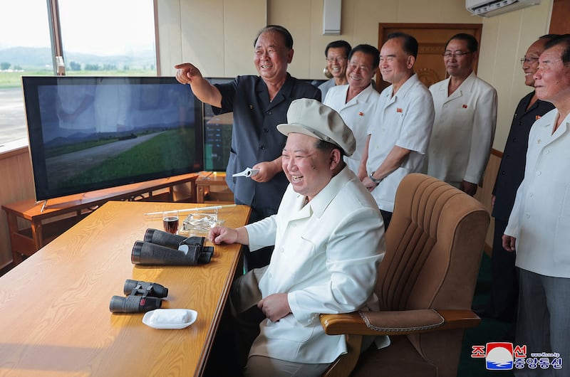 North Korean leader Kim Jong Un watches a drone test at the Drone Institute of the Academy of Defense Sciences, Aug. 24, 2024.