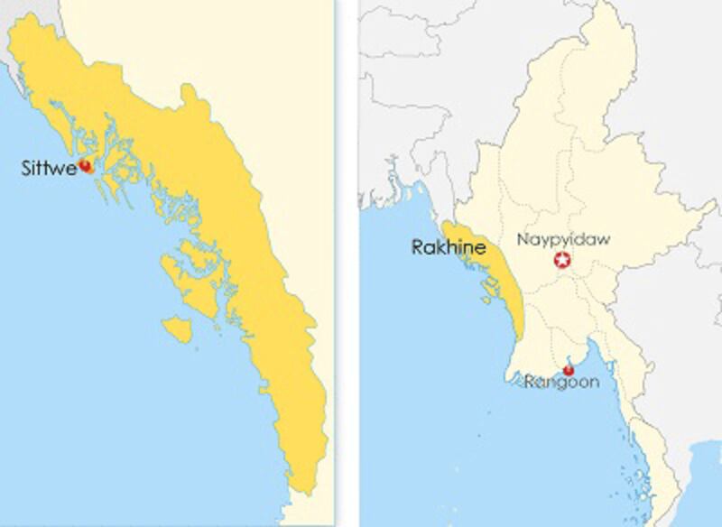 The map shows Rakhine state in western Myanmar.