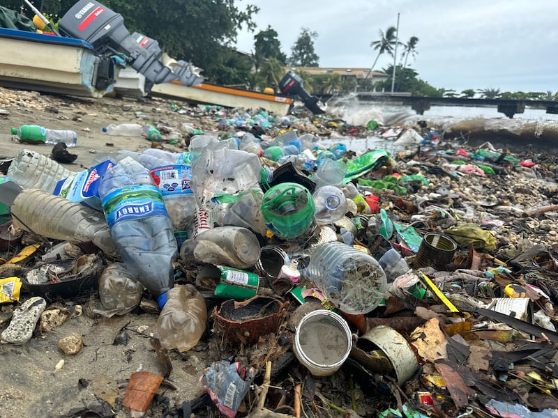 Discarded plastic bottles are pictured on Nov. 27, 2024 clogging the shoreline of the Solomon Islands capital Honiara despite a government ban on single-use plastics.