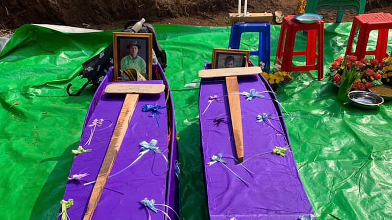 The funeral for two people killed by Myanmar military artillery, Feb. 28, 2023. Credit: KNDF/Baa