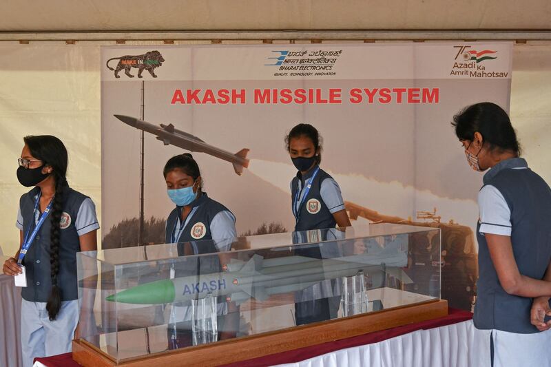 A model of 'Akash' surface to air missile developed by Bharat Electronics is displayed during a defense exhibition in Bangalore, Dec. 2021. Credit: Manjunath Kiran/AFP