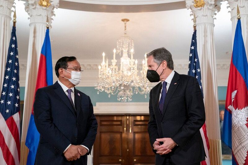 U.S. Secretary of State Antony Blinken(r) meets with Cambodia's Foreign Minister Prak Sokhonn at the State Department in Washington D.C..May May 13, 2022. Sokhonn is also ASEAN's special envoy for Myanmar.