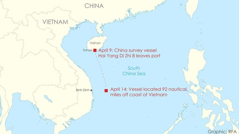 Tracking China's Hai Yang Di Zhi 8 survey vessel travels since it left port at Sanya on Hainan Island, April 9, 2020.