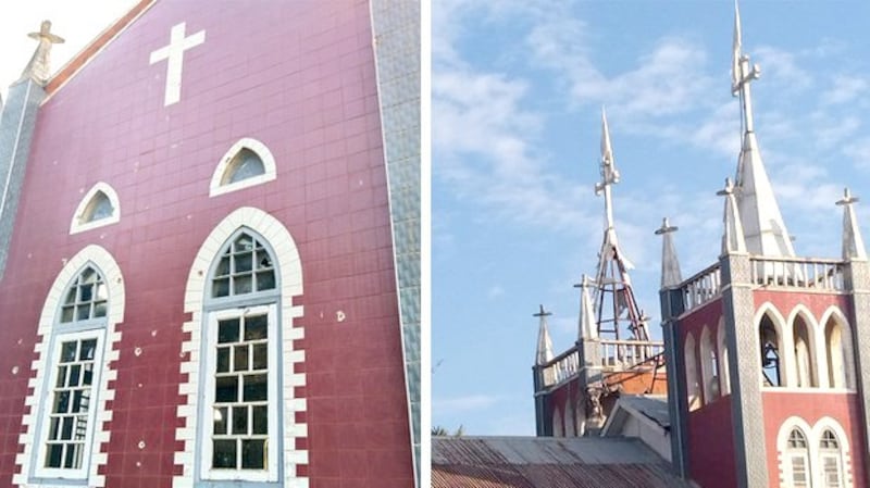 Dawuku Catholic Church in Loikaw township, eastern Myanmar's Kayah state, seen in January 2022, was damaged by artillery fire from a military junta aircraft. Credit: Citizen journalist