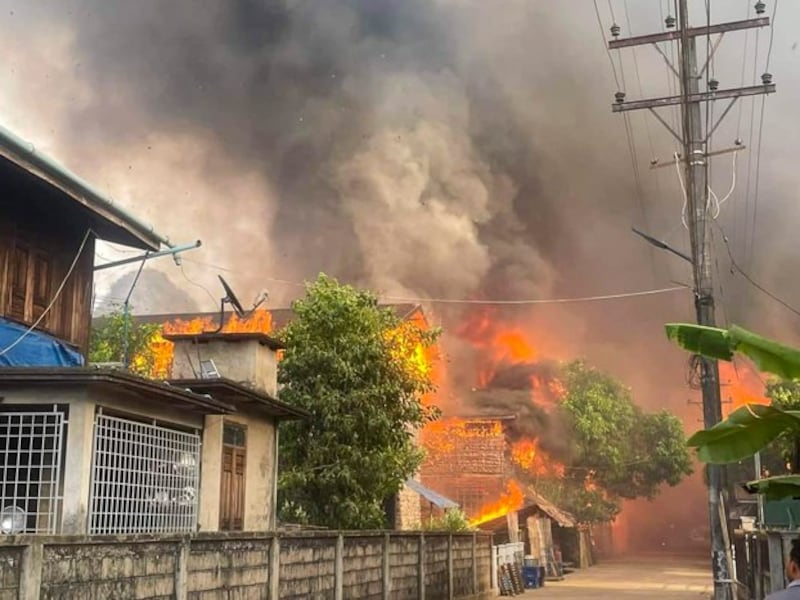 Houses burn following a naval attack from a nearby river by the military junta, in Dhamma Tha village, Kyaikmaraw township, in southern Myanmar's Mon state, March 27, 2024. (Mi Jandai Mon via Facebook)