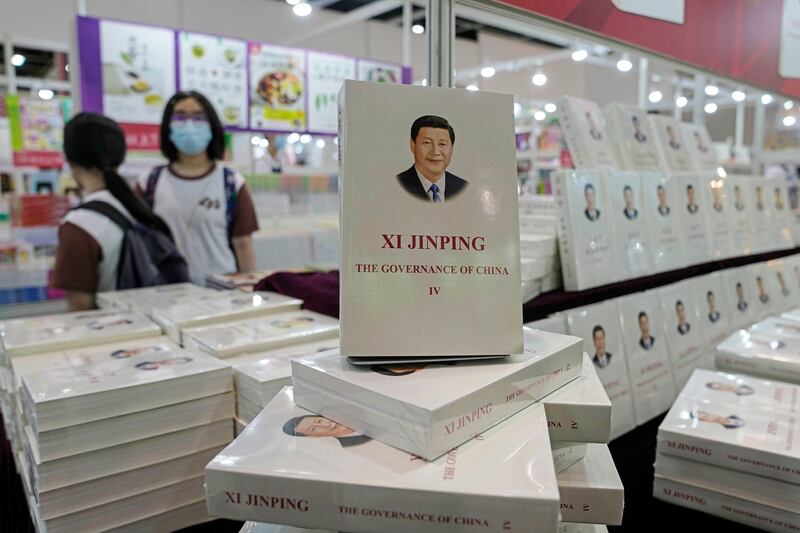 "Xi Jinping: The Governance of China" is displayed at a booth during the annual book fair in Hong Kong, Wednesday, July 20, 2022. Credit: AP