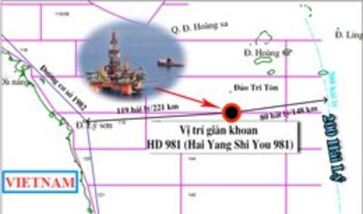 Dàn khoan Trung Quốc HD 981 định vị khoan tại vị trí có tọa độ 15029' vĩ độ bắc, 111012' độ kinh đông, cách bờ biển Việt Nam khoảng 120 hải lý (Files photos)