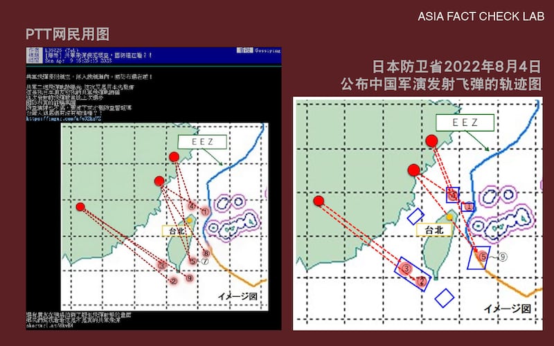 PTT網民用圖（左）和日本防衛省2022年8月4日公佈中國軍演發射飛彈的軌跡圖（右）對比