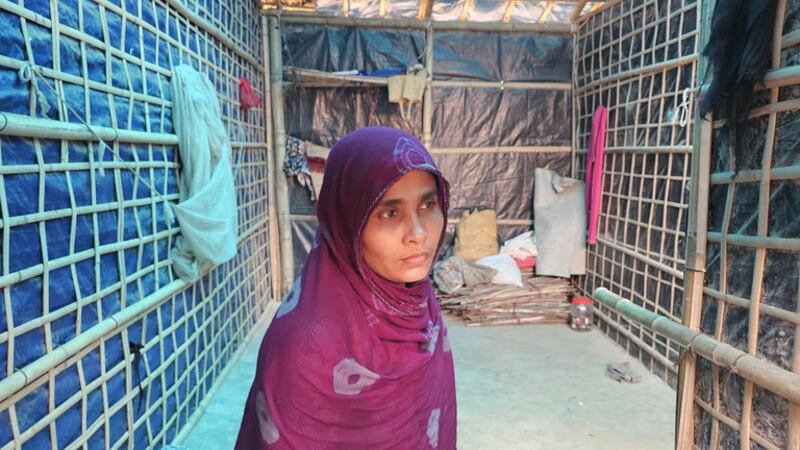 Rohingya woman Samira, who lost her family members in clashes between Myanmar’s military and the Arakan Army in Maungdaw, Rakhine state, has settled in a southeastern Bangladesh refugee camp, Feb. 5, 2025.