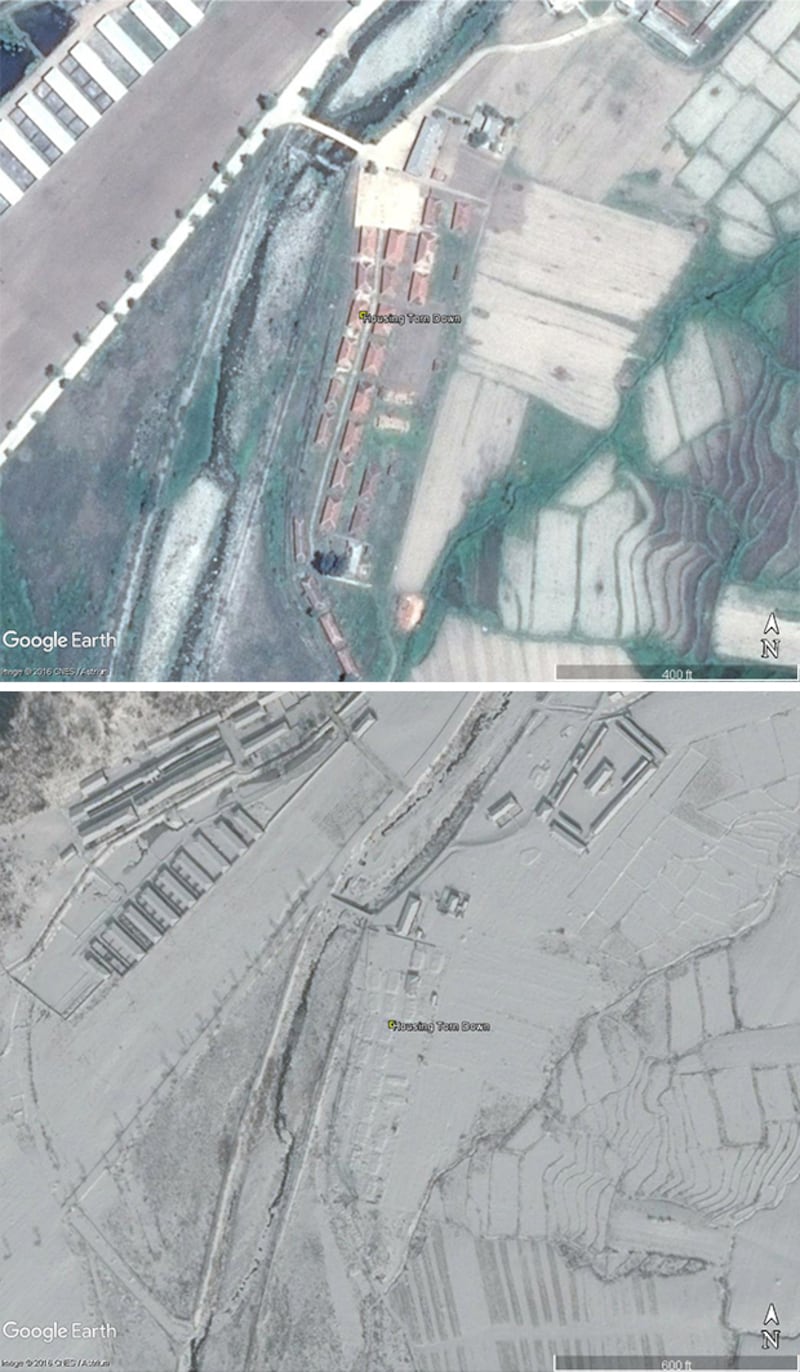 요덕 정치범 수용소에서 수감 시설을 철거하기 전 윗사진(2016년 6월 2일)과 후(2017년 2월 19일)의 모습.
