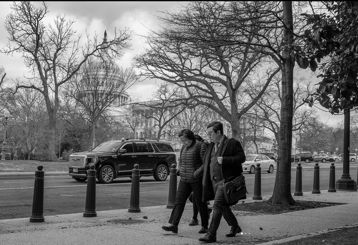 Zin Mar Aung, Moe Zaw Oo and Aye Chan Mon, members of Myanmar's National Unity Government, walk outside the U.S. Capitol after meeting with lawmakers in January 2024.