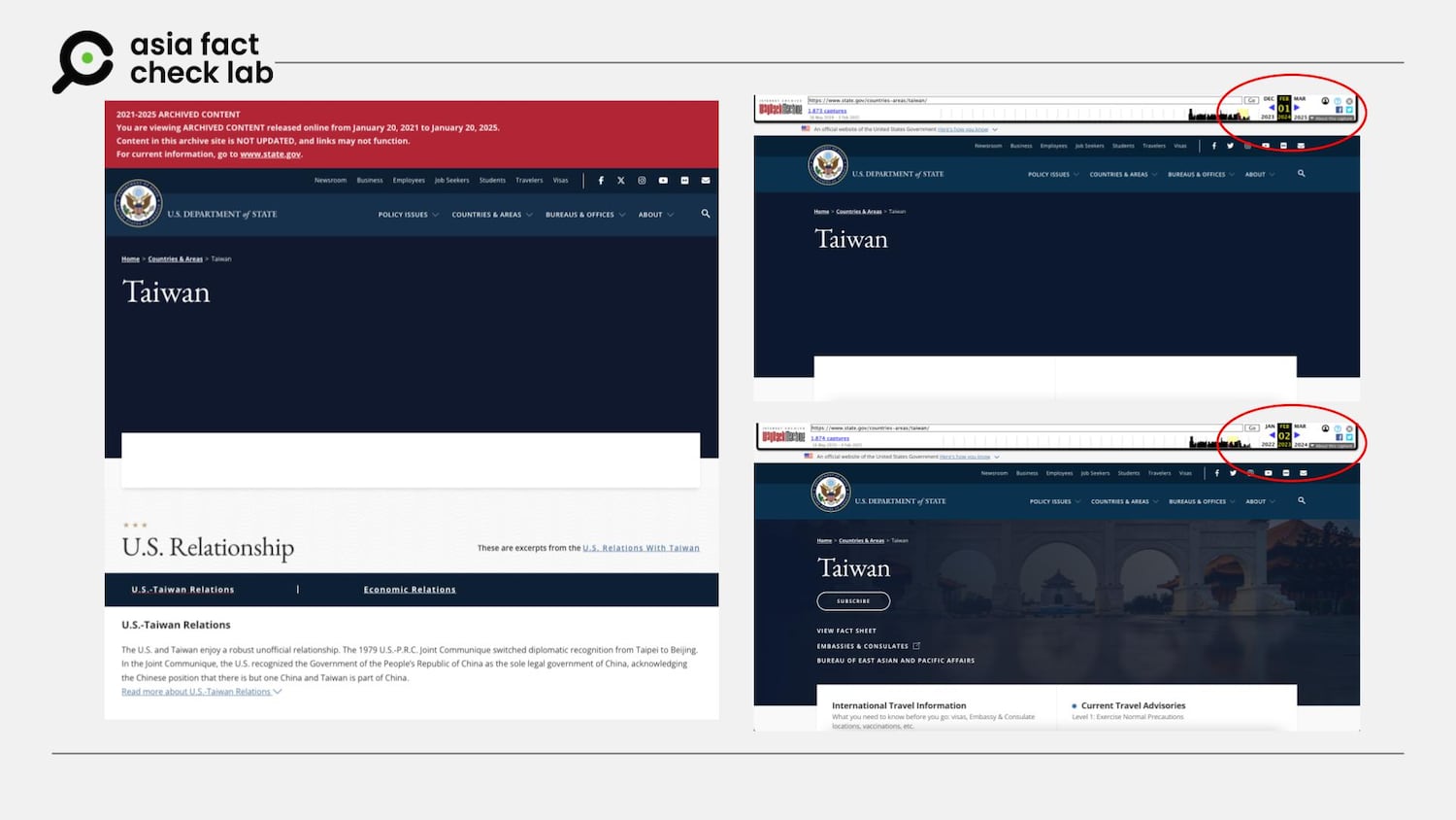 Eine archivierte Version der Seite des Außenministeriums auf Taiwan während der Biden -Verwaltung vom Februar 2024 (links und oben rechts) entspricht den aktuellen Informationen der Abteilung über die Insel. Am archivierten Standort vom Februar 2023 (unten rechts) wurden leichte Änderungen gefunden.