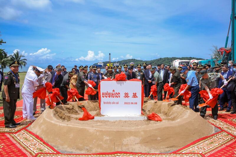 Cambodian Defense Minister Tea Banh, rear center left, and Chinese Ambassador to Cambodia Wang Wentian, rear center right, preside over the groundbreaking ceremony in Ream Cambodian Naval Base of Sihanoukville, June 8, 2022. Credit: Cambodia's Fresh News via AP