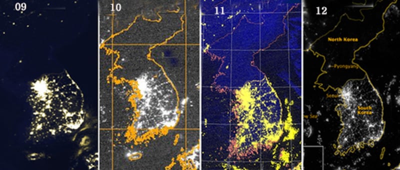 한반도 야간 사진. 2009년과 2012년 사진은 NASA 제공. 2010,2011년 사진은 미국 해군연구소 제공.